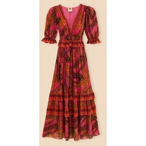Farm Rio Maxi Dress Women XL Pink Abstract Tiered Ruffle V-Neck Boho Puff Sleeve
